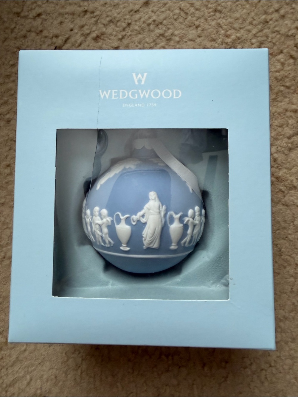 Blue Jasperware Ornament by Wedgwood Grecian scene Christmas ball ornament